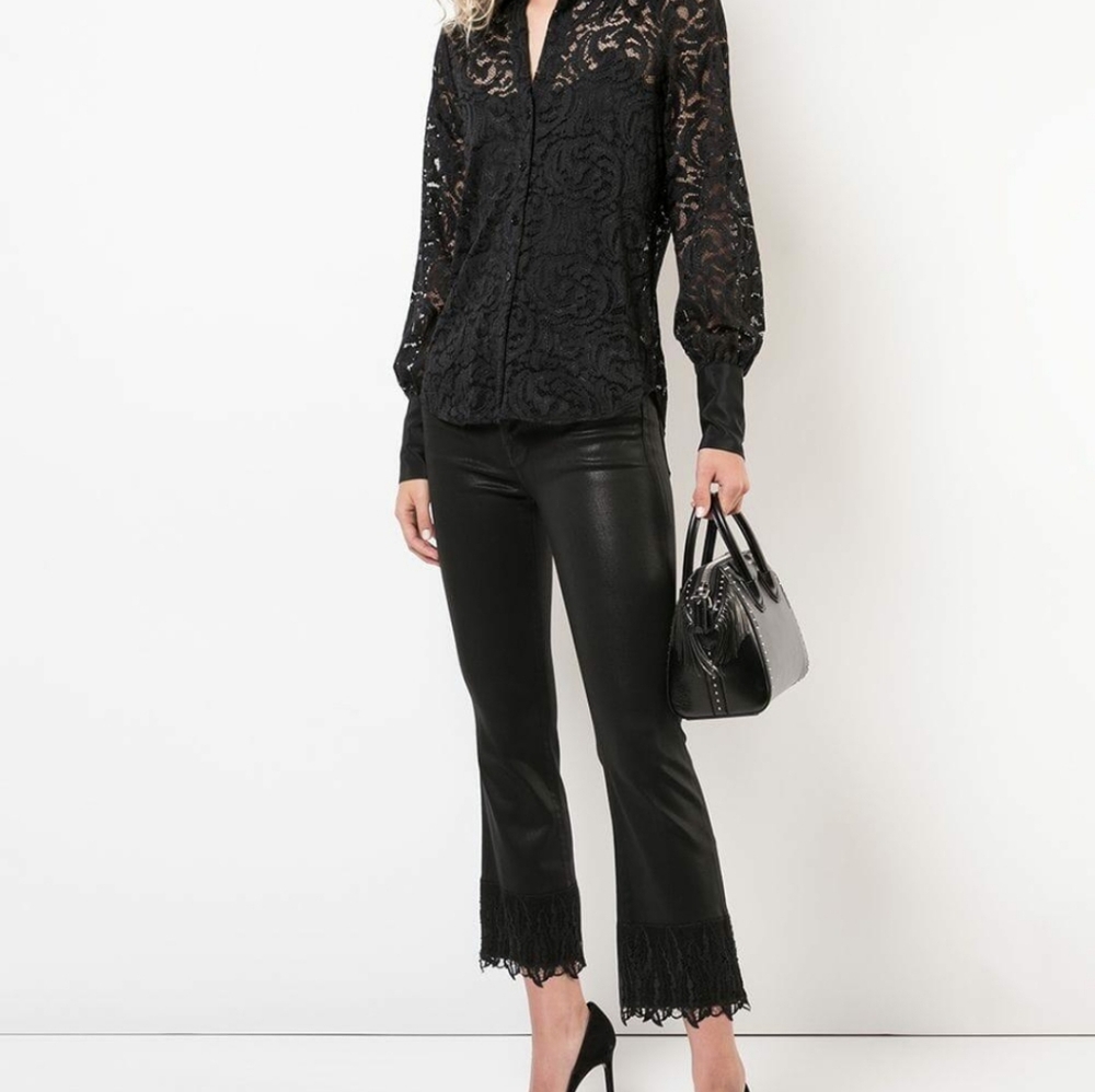 J Brand Selena Coated Black Embroidered Leaf Lace Hem Crop Bootleg Jeans 26